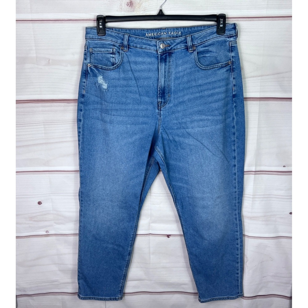 American Eagle Jeans Women 18 Mom High Rise Distressed Medium Wash Denim Stretch